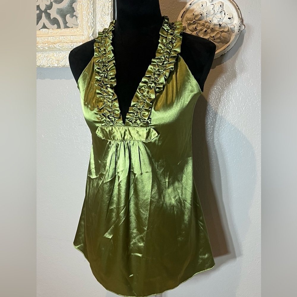 Max Studio Shiny Green Top With Ruffle Detail - Picture 8 of 11